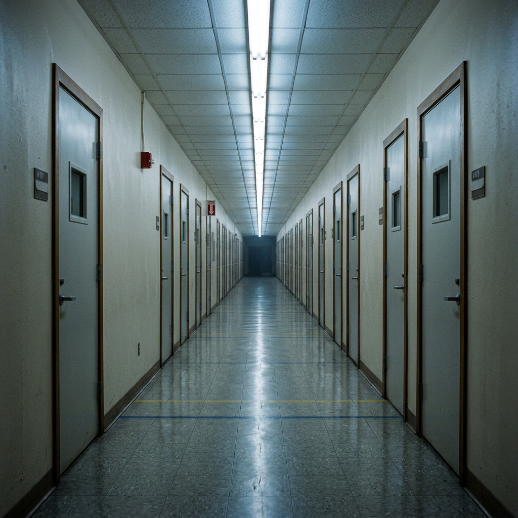Empty institutional hallway with closed grey doors and tile floor