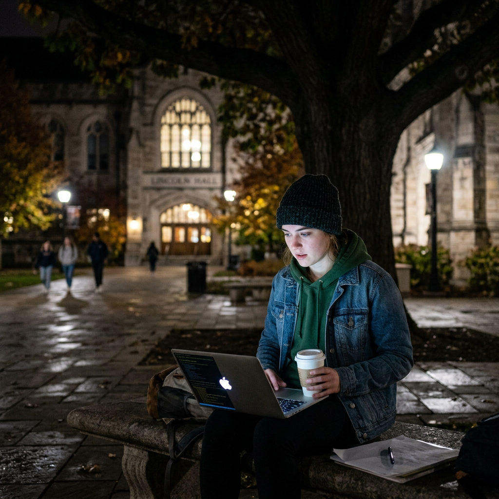 Student sitting on a bench at night using a laptop and holding a coffee cup