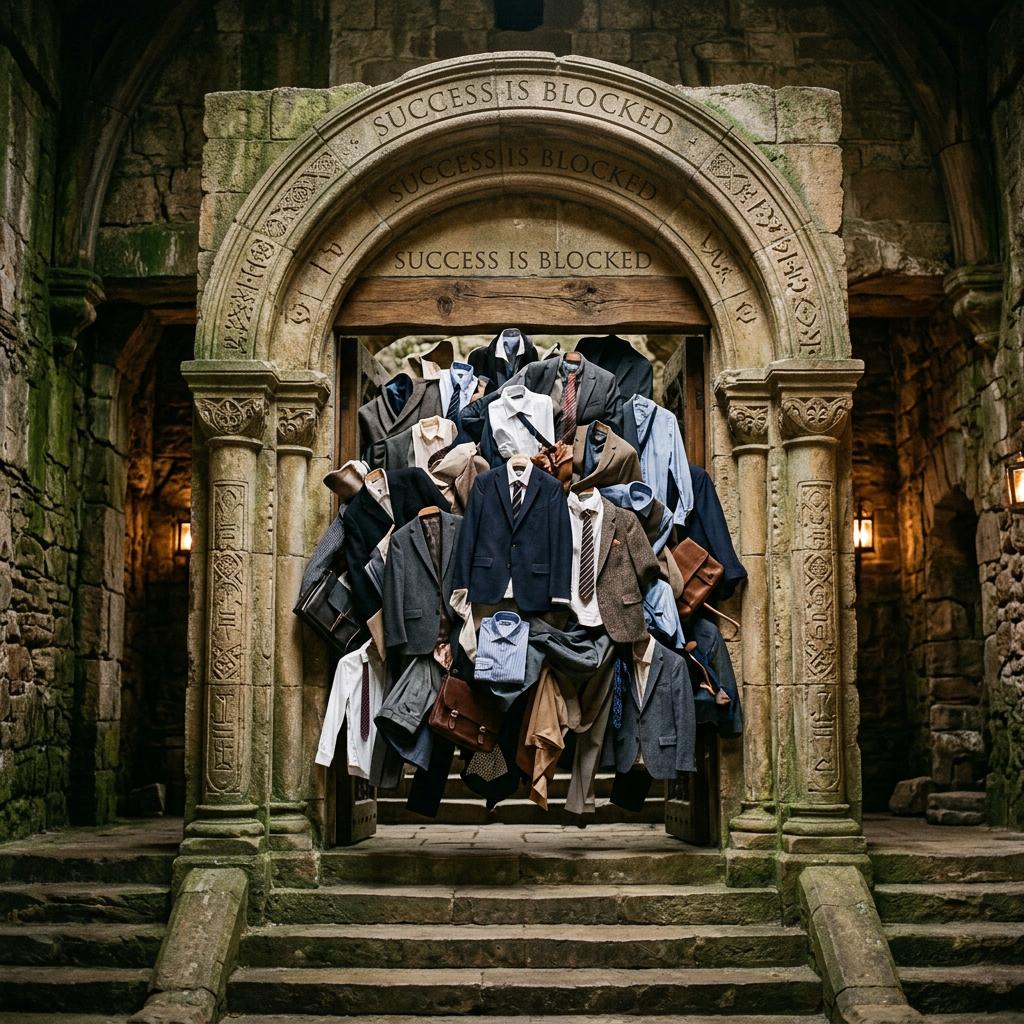 A stone archway blocking passage with a cluster of hanging business suits and jackets