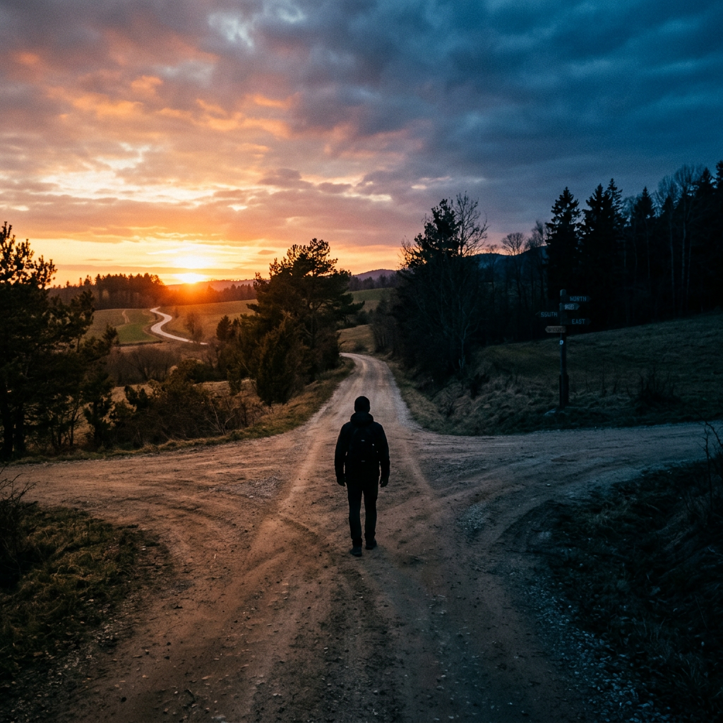 Person standing at a three-way dirt road intersection with sunset in the background