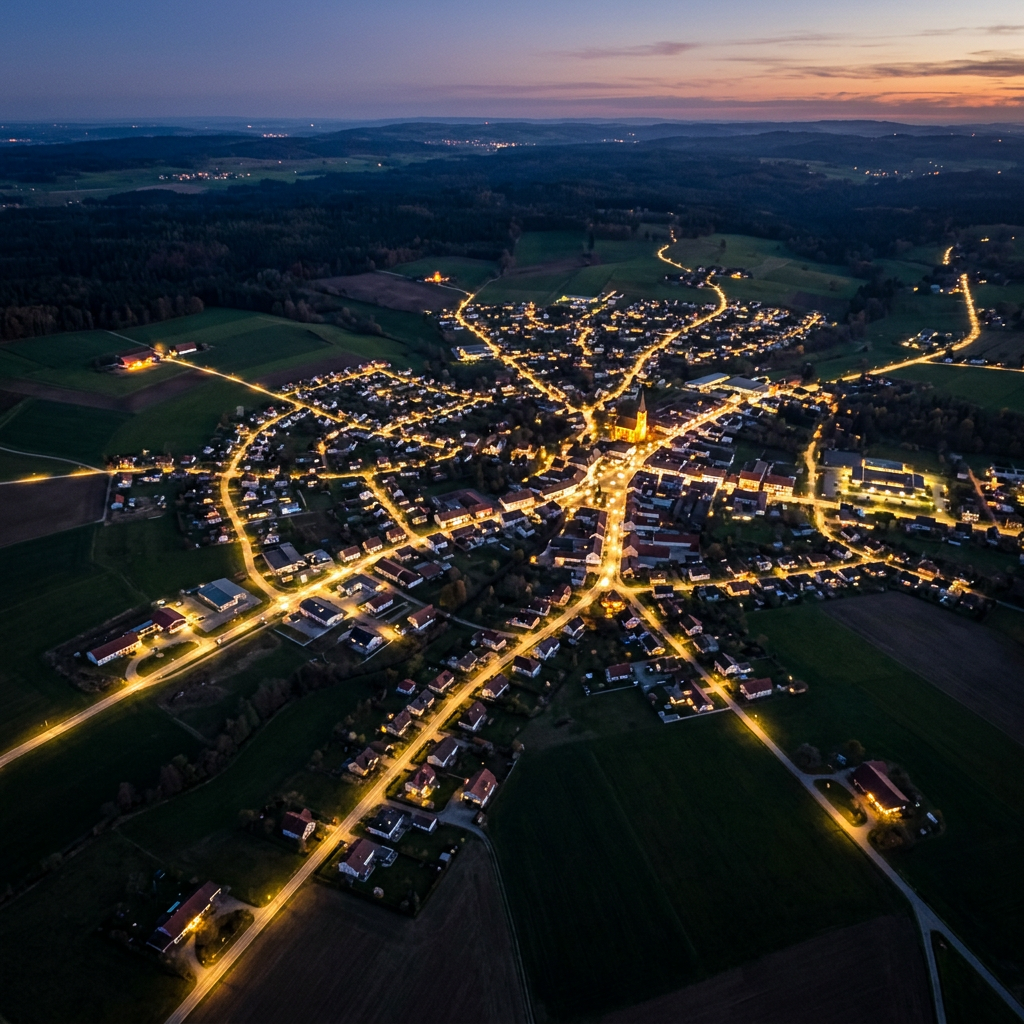 Aerial view of a small town with illuminated streets and buildings at dusk