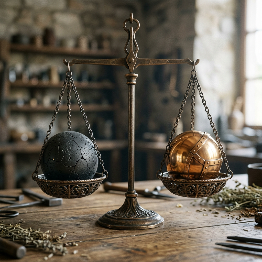 An ornate antique balance scale weighing a cracked black sphere against a copper sphere with riveted design, set on a wooden table in a rustic workshop.