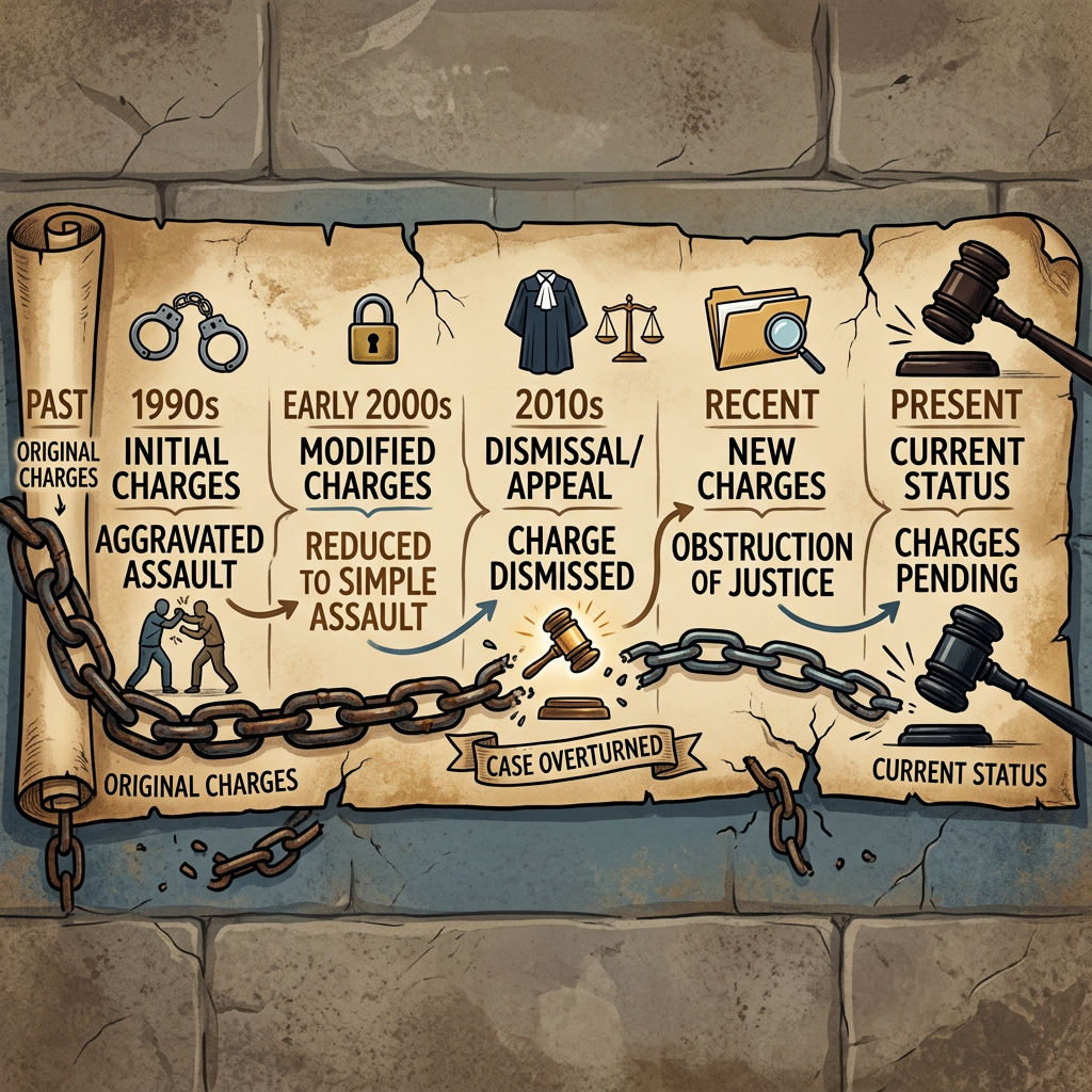 Timeline showing legal charges and case changes from aggravated assault in the 1990s to current pending charges.