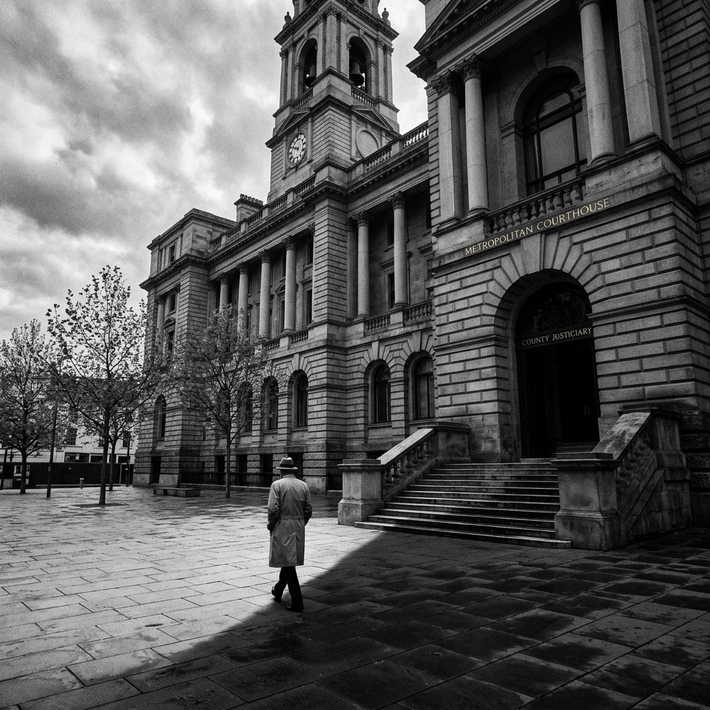 Person walking outside Metropolitan Courthouse in black and white