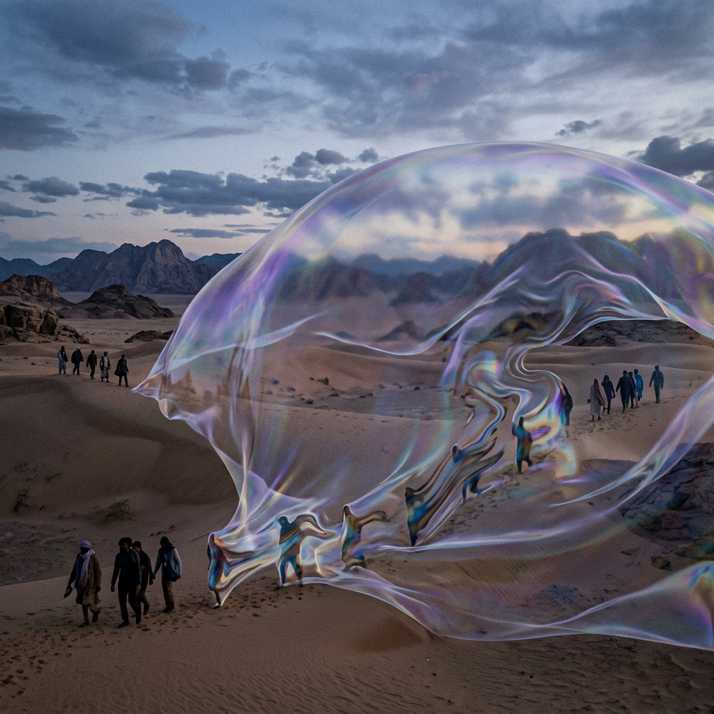 People walking in desert dunes with mountain background and large translucent bubble effect