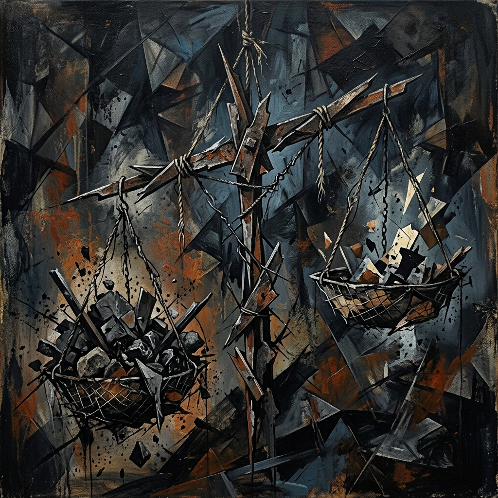 Rusty scales suspended and balancing uneven piles of fragmented debris against a dark abstract background