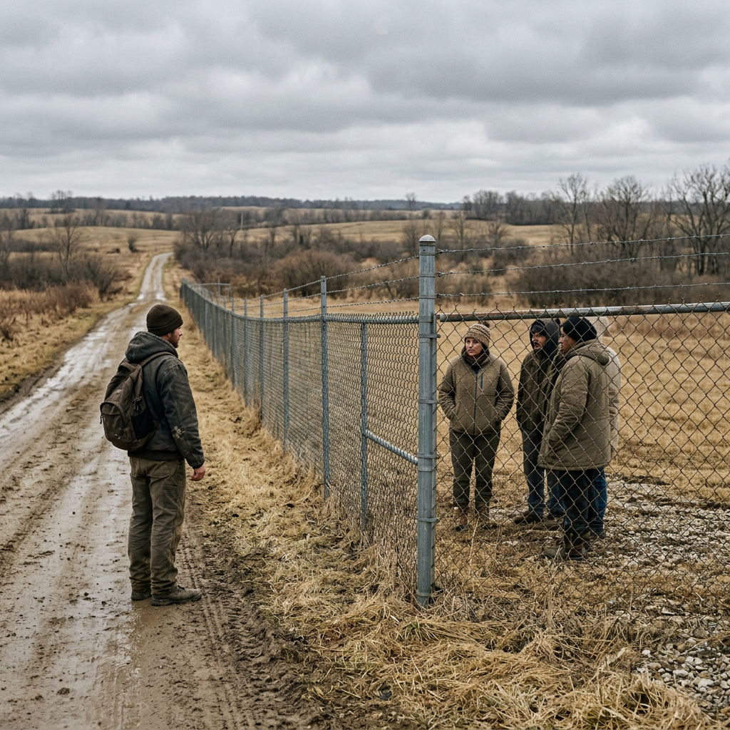 Man with backpack talking to three people behind chain-link and barbed wire fence in overcast countryside