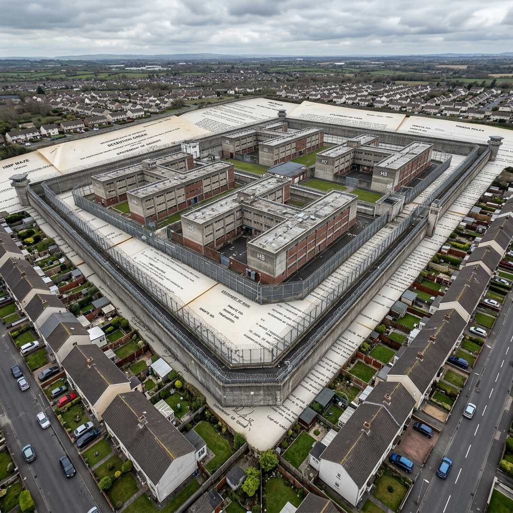 A large prison complex with multiple buildings surrounded by fences, digitally placed over pages of a legal document.