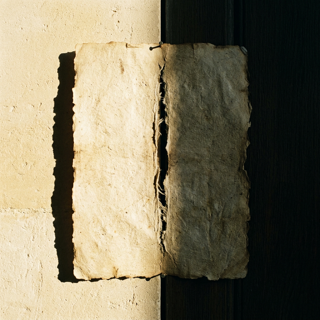 Old worn parchment paper pinned on wall with sharp shadow