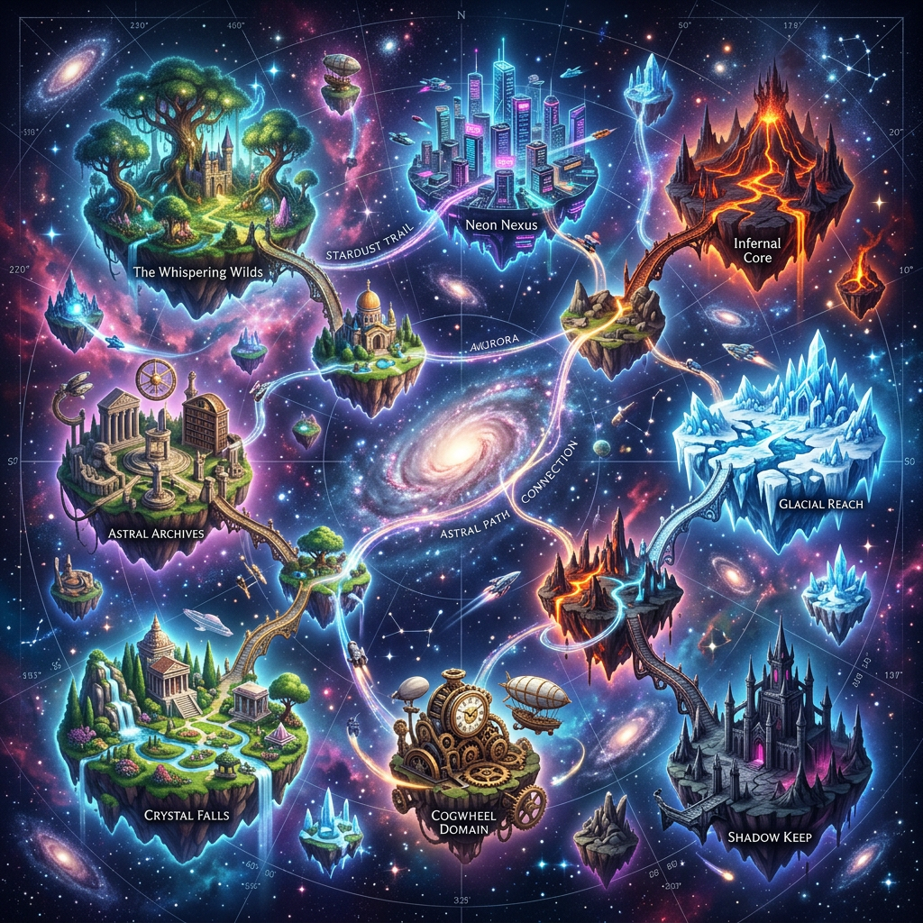 Fantasy map showing floating islands named The Whispering Wilds, Neon Nexus, Infernal Core, Astral Archives, Crystal Falls, Cogwheel Domain, Glacial Reach, and Shadow Keep connected by glowing paths in outer space