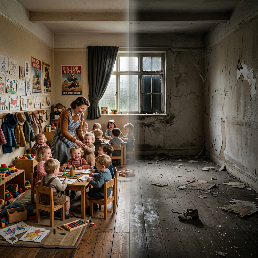 A bright classroom full of children and a teacher on the left, contrasted with a dark, abandoned, and decayed empty room on the right