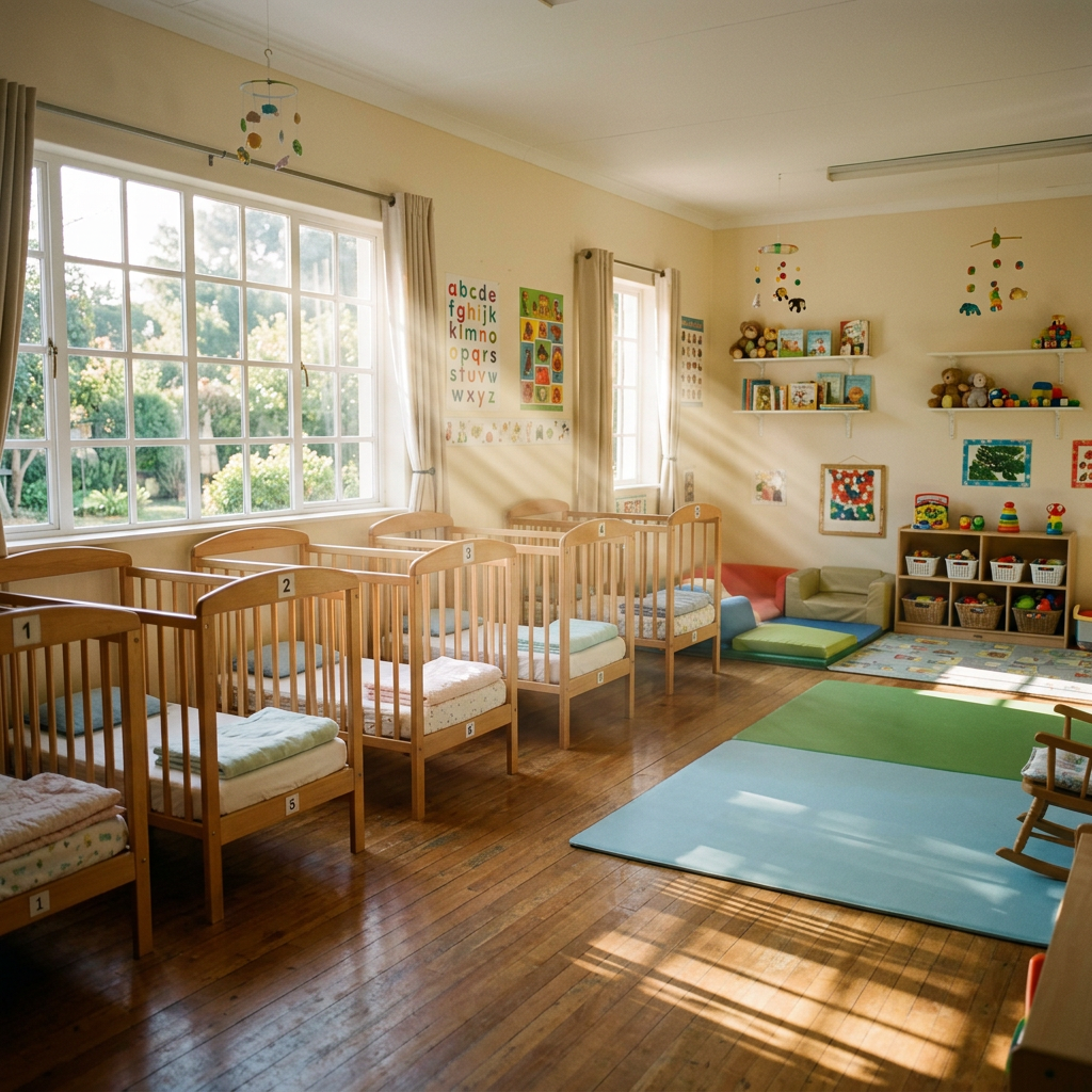 Nursery room with wooden cribs, play mats, and children's toys and books
