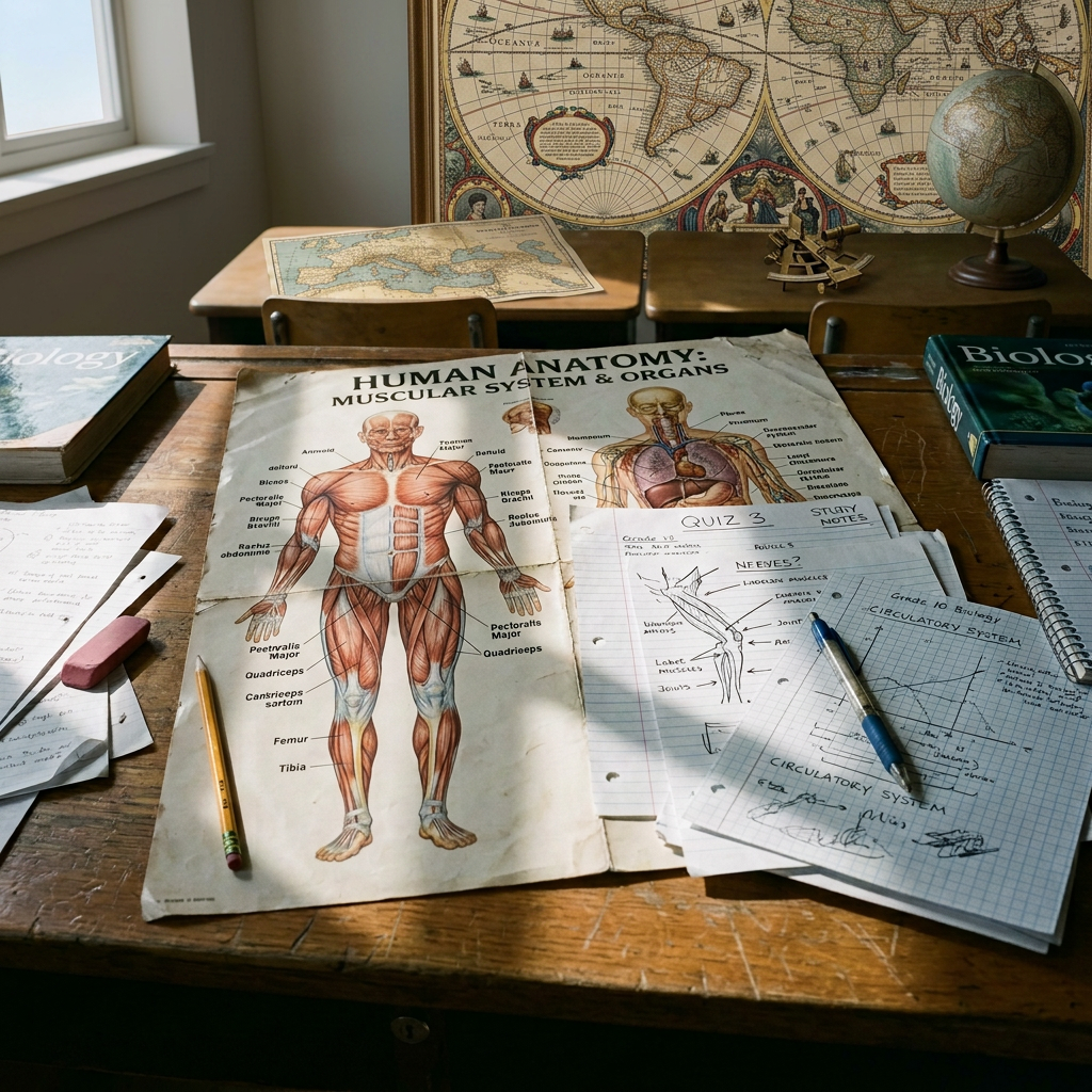 Anatomy worksheet, biology books, notes, pencils, and a classroom desk