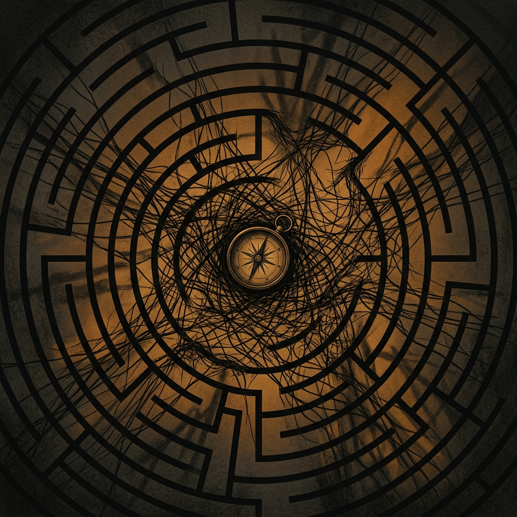 Vintage compass surrounded by tangled lines and concentric maze patterns