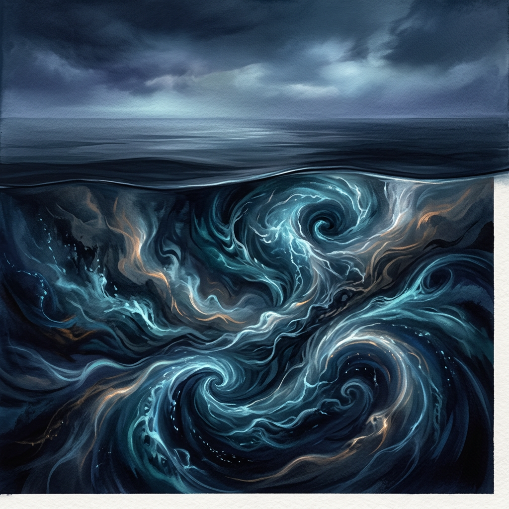 Stylized stormy ocean with swirling turquoise currents beneath dark clouds