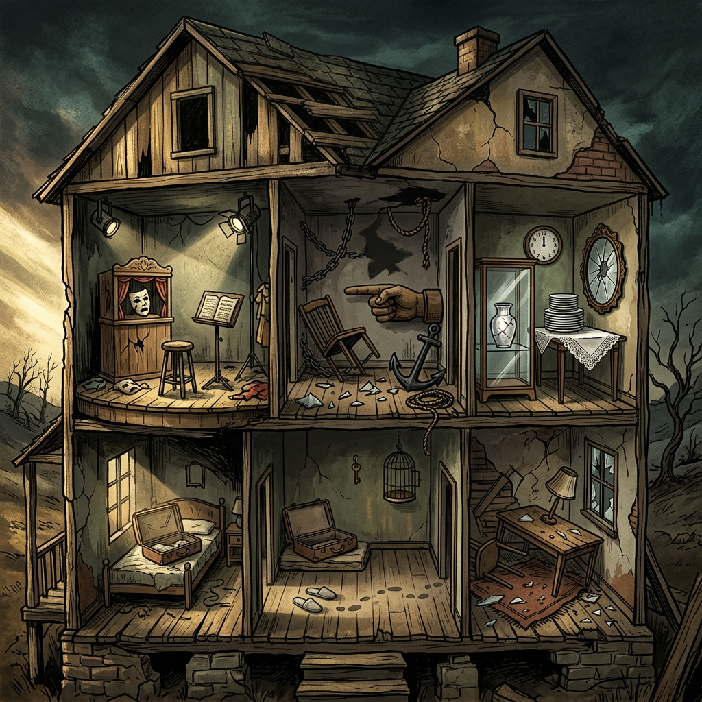 Cutaway haunted house showing eerie rooms, props, and mysterious clues