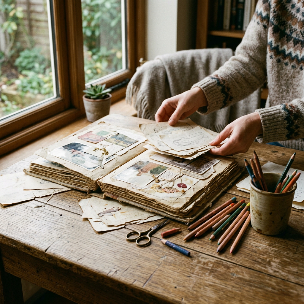 Person arranging handmade scrapbook pages on a wooden table