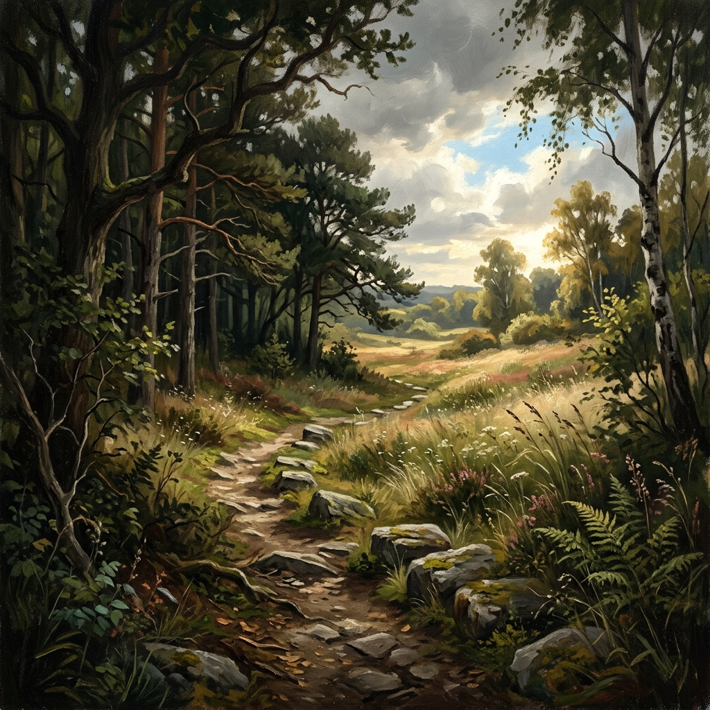 Winding forest path leading to a sunlit meadow