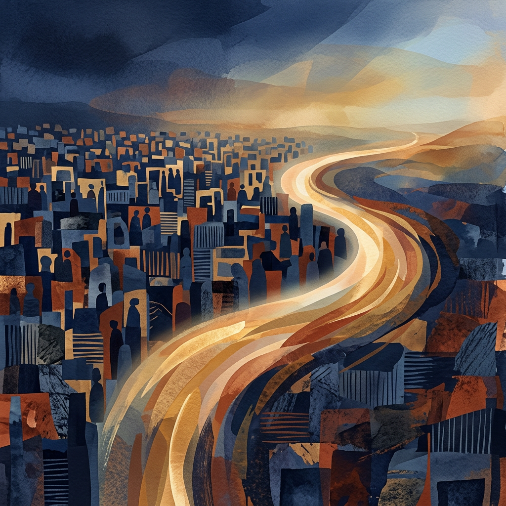 Abstract cityscape with a glowing winding pathway beneath a sunset sky