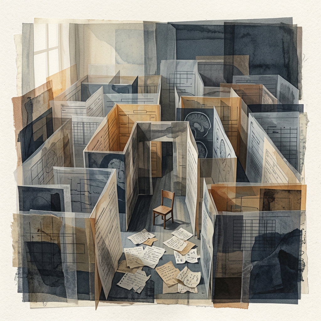 An abstract paper maze with a chair and scattered notes