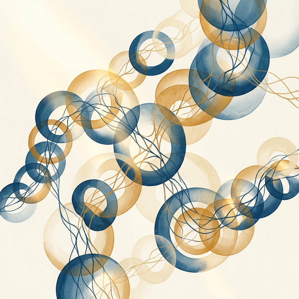 Abstract blue and gold rings connected by flowing lines
