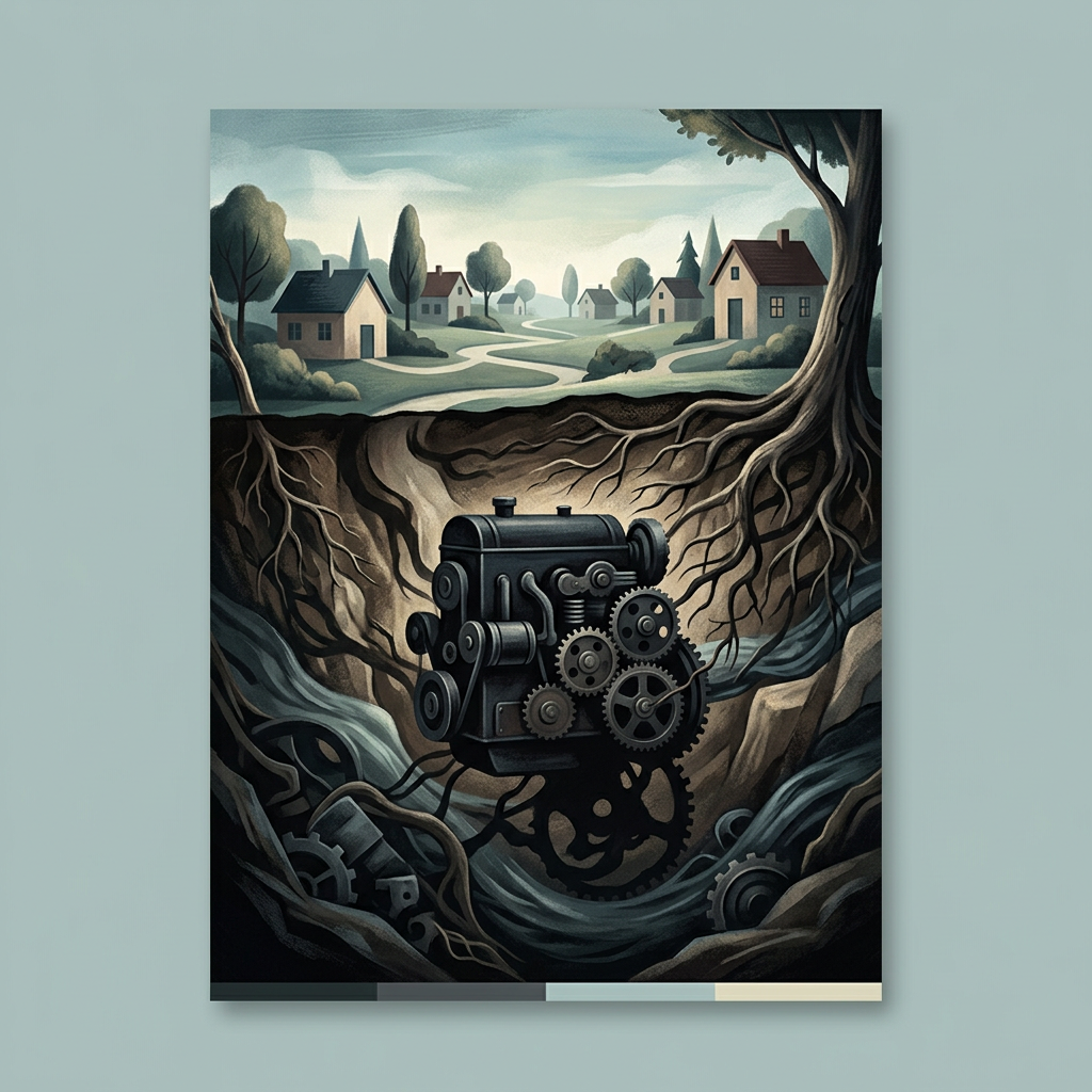 Surreal village above underground machine, roots, waterways, and interlocking gears