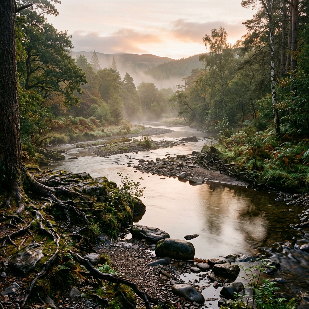 Misty forest river winding through trees toward distant mountains