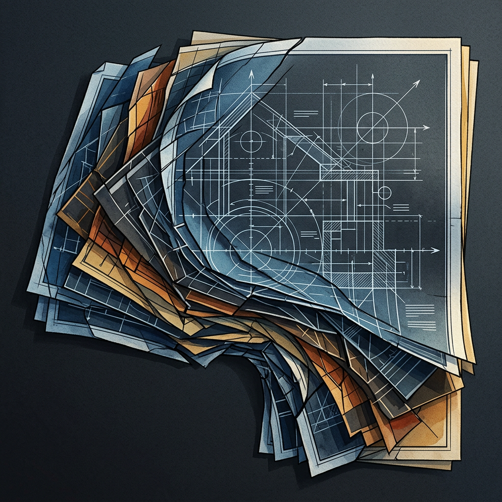 Layered architectural blueprints with geometric technical drawings and measurement lines