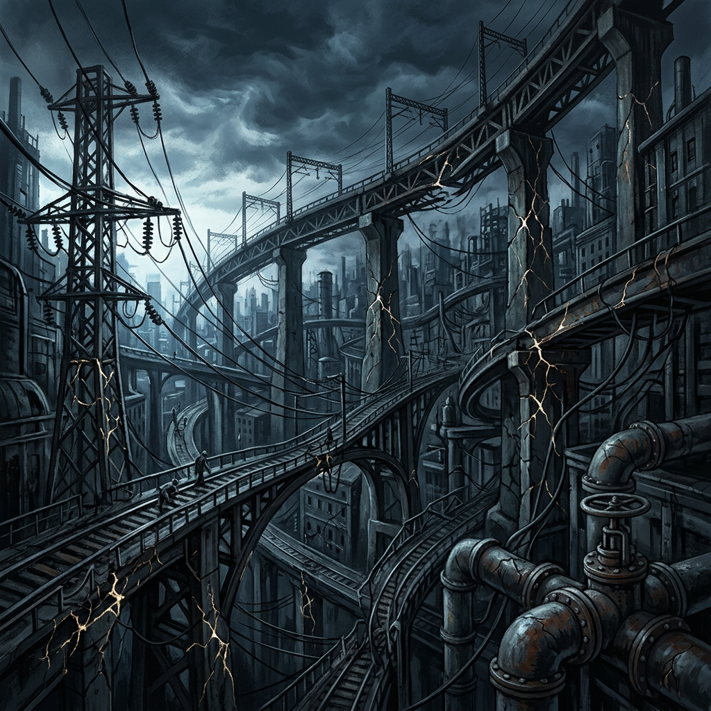 Crumbling industrial city with elevated railways, power lines, pipes, and storm clouds