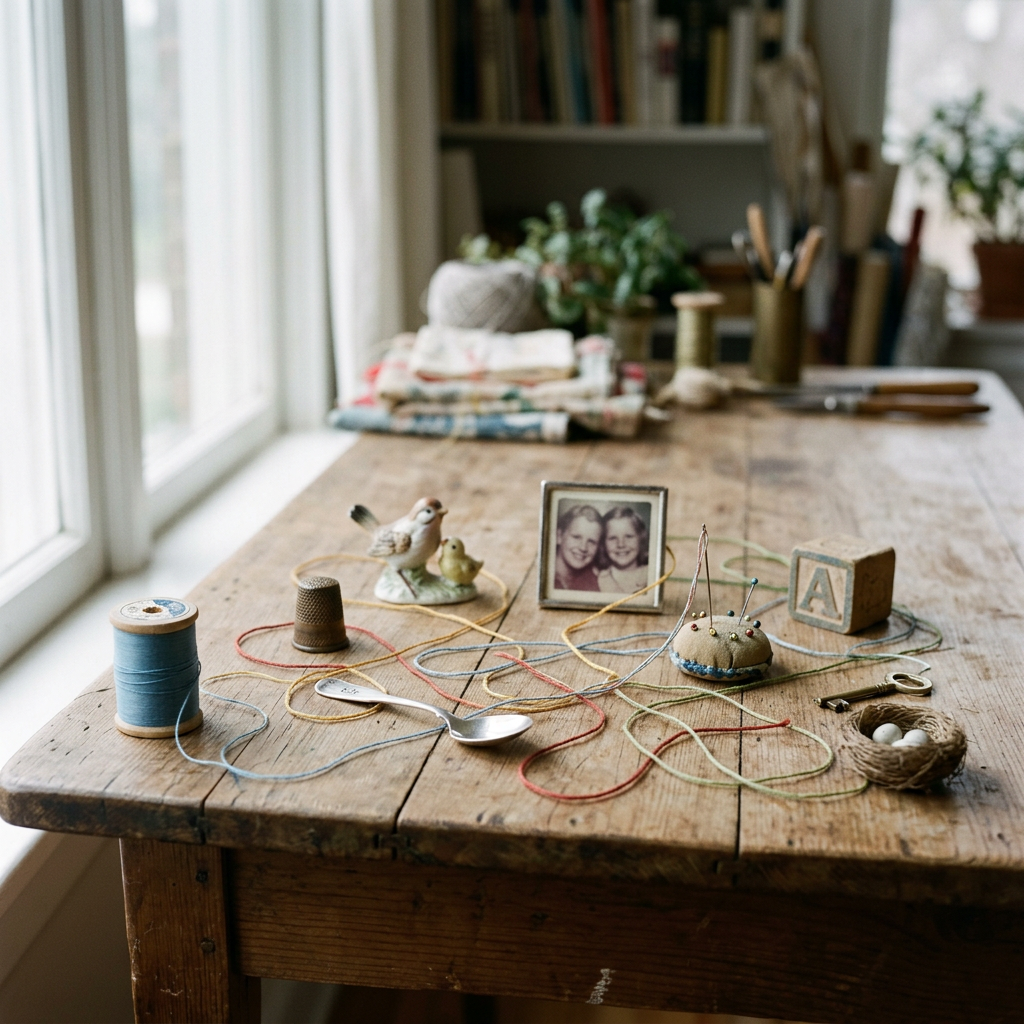 Sewing supplies, colorful threads, framed family photo, and craft objects on wooden table