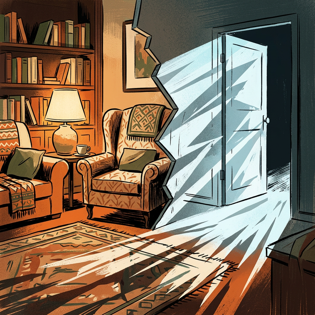 Cozy reading room with bookshelves, armchairs, lamp, and bright open doorway