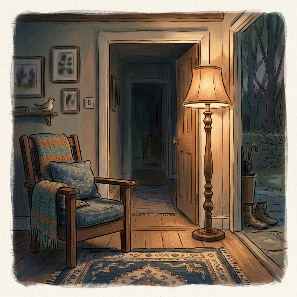 Cozy armchair with blanket beside a glowing floor lamp and hallway