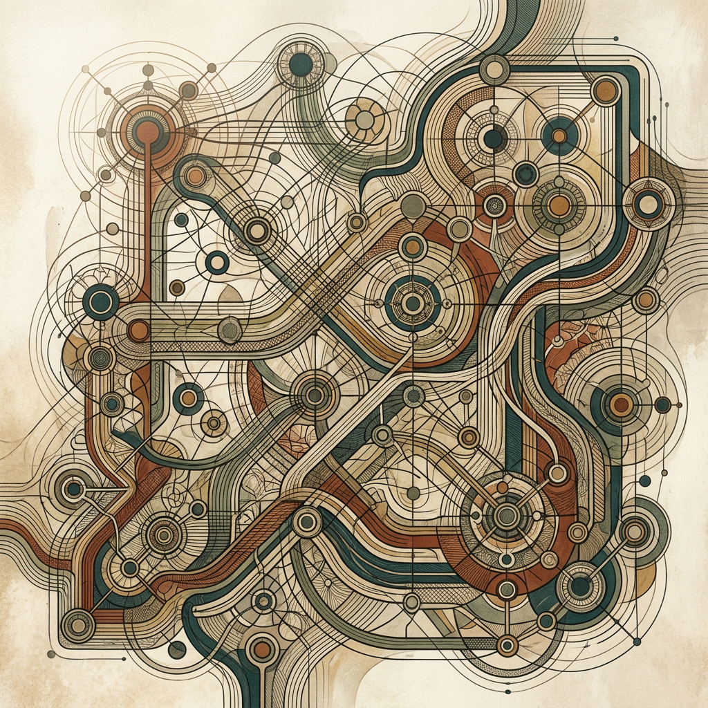 Abstract diagram of interconnected circular nodes and flowing pathways