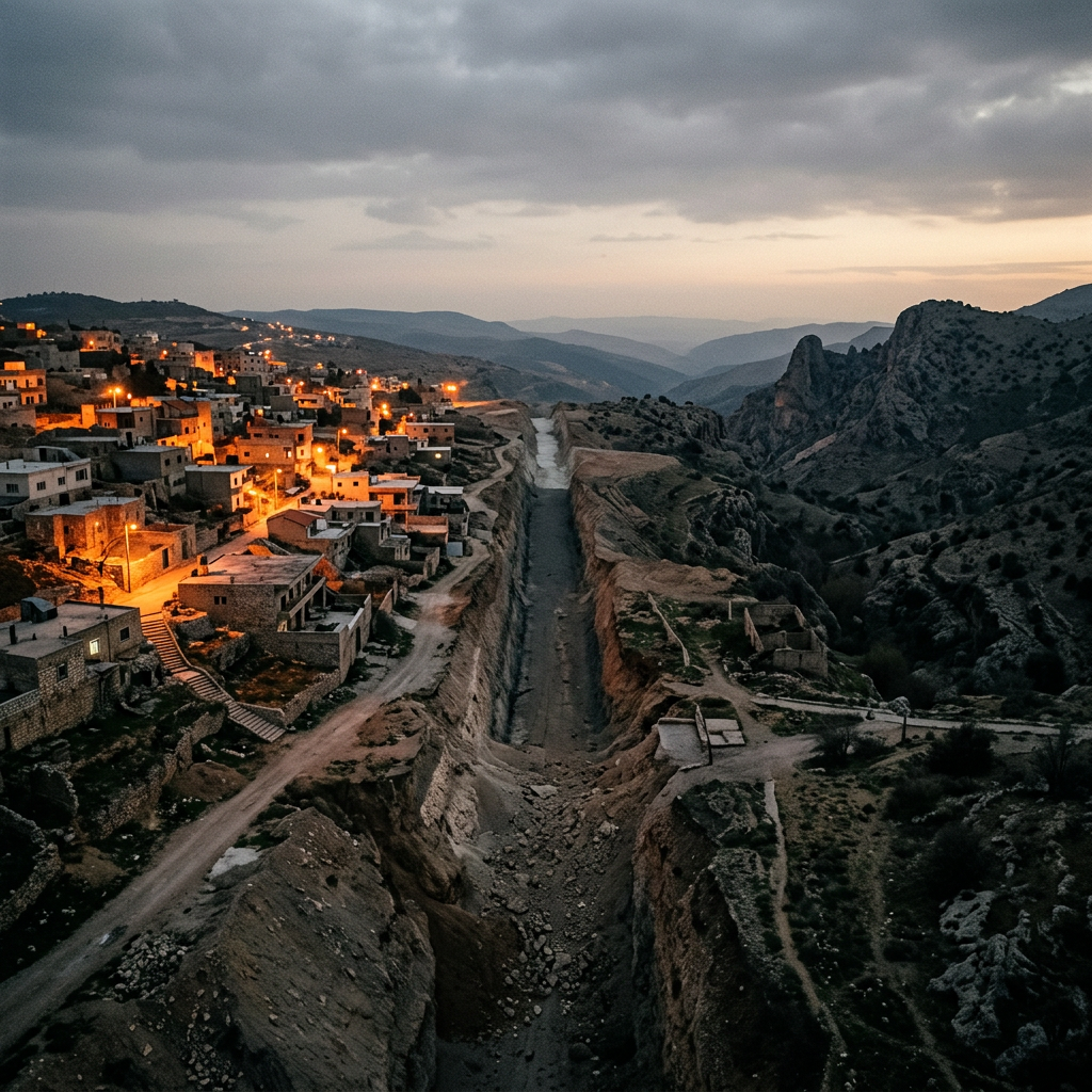 Mountain village lit at dusk beside a deep rugged ravine