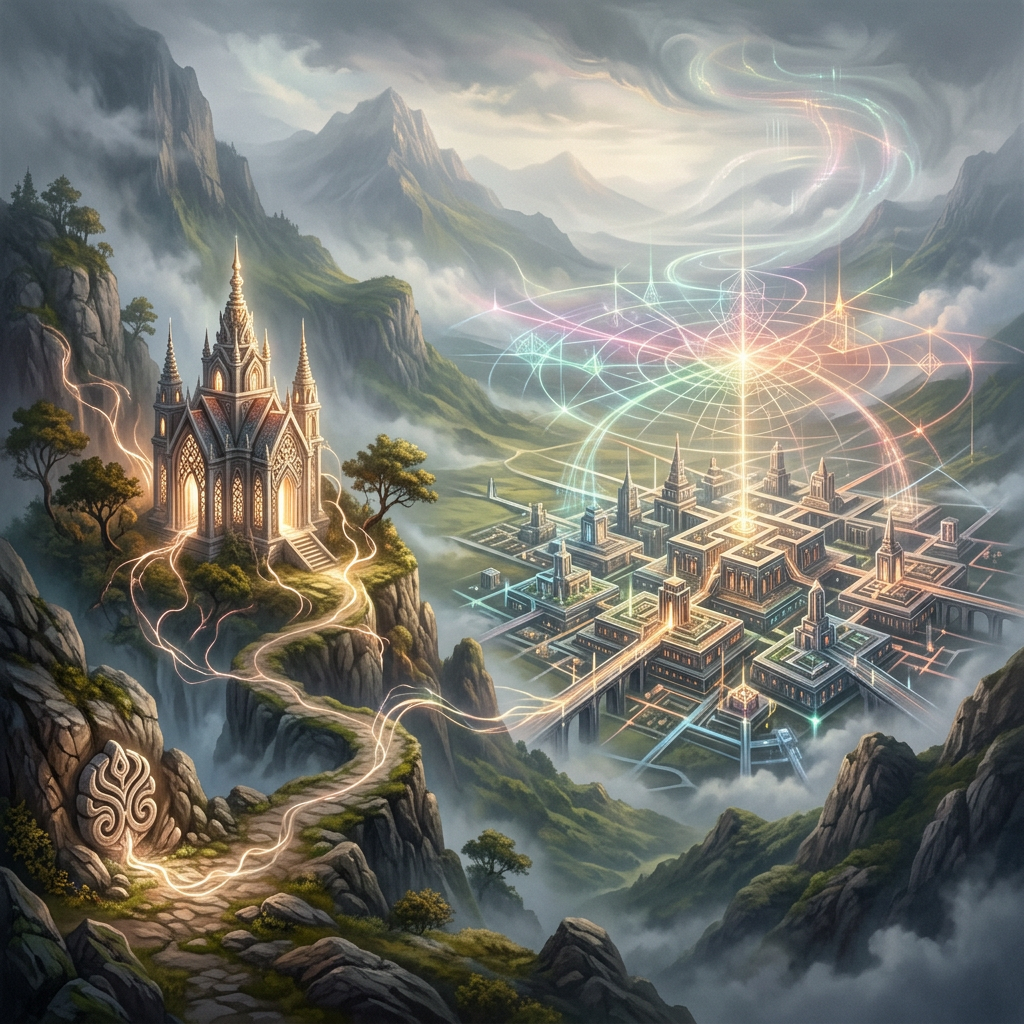 Fantastical mountain valley with glowing sanctuary, geometric city, and luminous energy paths